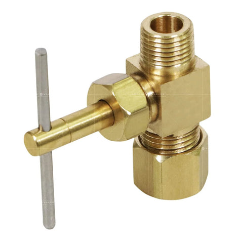Brass needle valve, lead-free, 1/4 in compression x 1/8 in MIP, straight with silver lever
