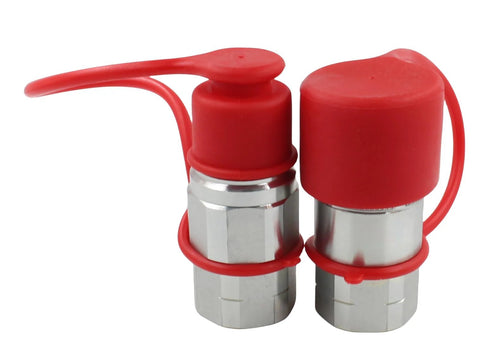 Set of two red dust-cap hydraulic quick-connect couplers with silver metal bodies and red lanyards, front view.