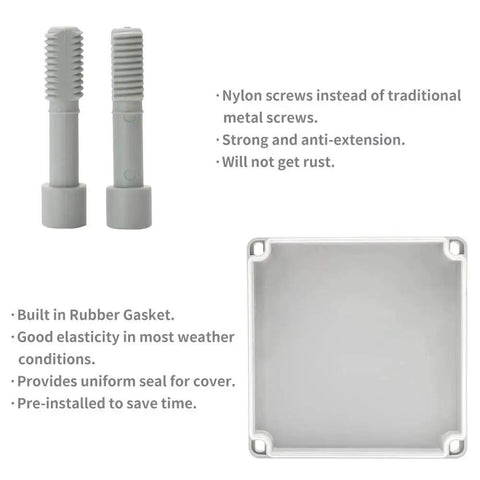 Tough As Nails Outdoor Weatherproof Electrical Box Grey IP67 ABS Plastic Case with built-in gasket and nylon screws, side items shown