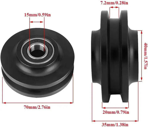 Sliding Barn Door Wheel U Groove Guide Pulley Roller Bearing Hardware, durable zinc alloy and nylon, dimensions labeled