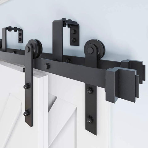 13 Ft Four Door Double Track Bypass Sliding Barn Door Hardware Kit With Four 6.5 Ft Rails, Junction Plates, Spacers And Rollers