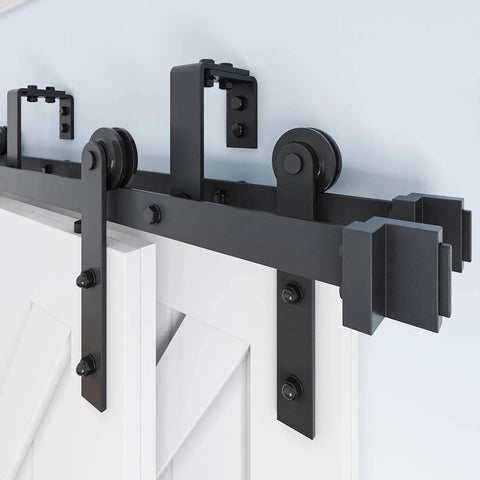 Close-up of 10 Foot Four Door Double Track Bypass Sliding Barn Door Hardware Kit For Interior Use With Rails And Rollers Doors Not Included