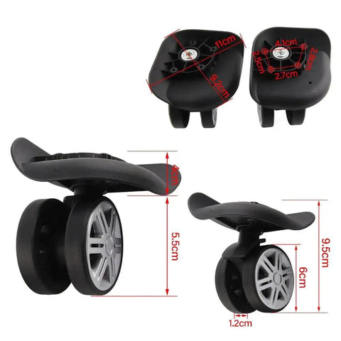2 Pack Universal Luggage Replacement Wheels 360 Degree Silent Swivel Casters for suitcases with 12 screws, showing dimensions and design.