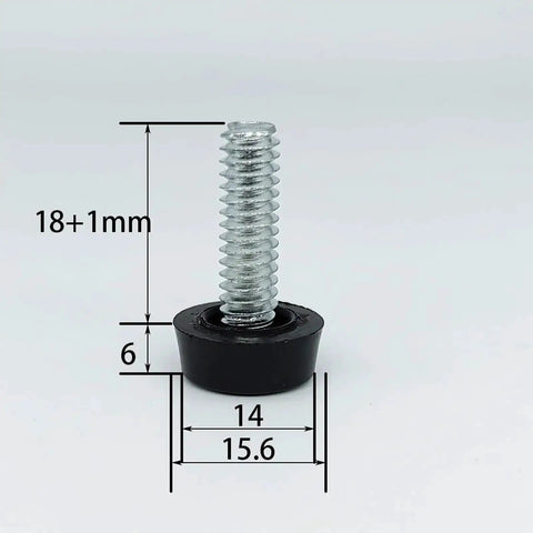 Screw In Threaded Leveling Foot Set, One Quarter Inch By Twenty Threads Per Inch, shown with measurements, black base