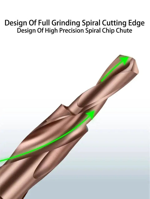 Close-up of M35 Cobalt Two Stage Step Drill Bit with Counterbore and Countersink for Stainless Steel, showing spiral flute design.