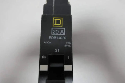 Front view of One Pole 20 Amp 277V AC Miniature Circuit Breaker EDB14020 for electrical panels showing switch and model details.