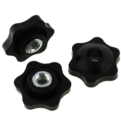 Close-up of Six Pack 1/4 Inch Nylon Hex Head Thru Knobs For Clamping Jigs And Fixtures, Durable Black Nylon With Stainless Steel.