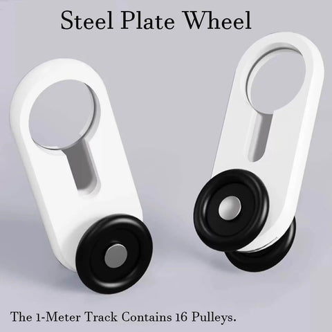 Steel plate wheel for curtain track with black roller, part of 1-meter track with 16 pulleys for ceiling-mounted system.