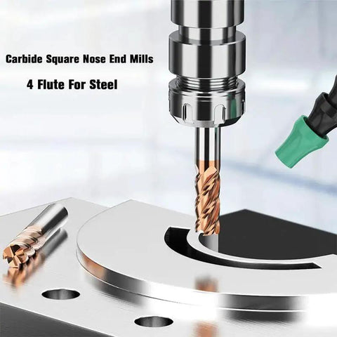 Pro Grade Solid Carbide End Mills Set For Steel Machining, 5Pcs CNC Milling Bits shown in cutting process, front view.