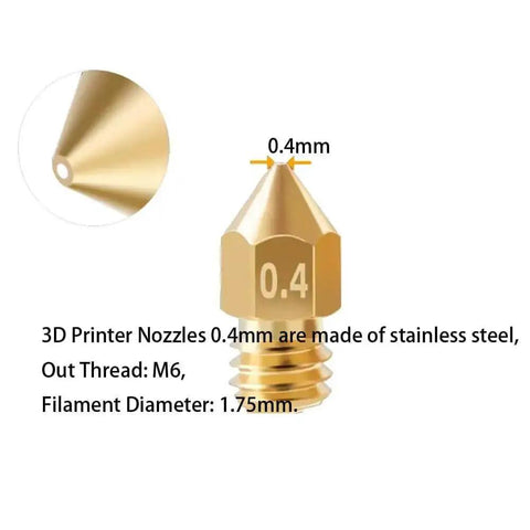 Close-up view of 3D printer nozzle, 0.4mm MK8 brass, for Ender 3 printers and CR10 series, showing M6 thread and 1.75mm filament fit.