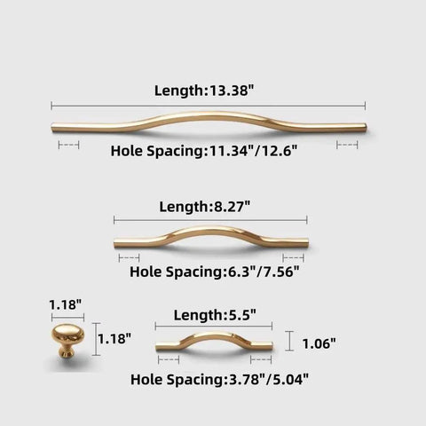 Dimensions of Golden Wave Shaped Cabinet Pulls Set Of 6 With Glossy Cupboard Drawer Knobs, various lengths and hole spacings.