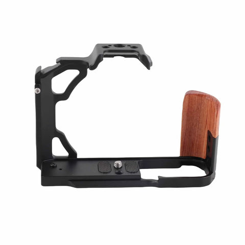 Wood Handle Metal Camera Cage for ZFC With Vertical Rig Design Cold Shoe Mount And Multiple One Quarter Inch And Three Eighths Inch Screw Holes For Attaching Top Handles Monitors And Tripods