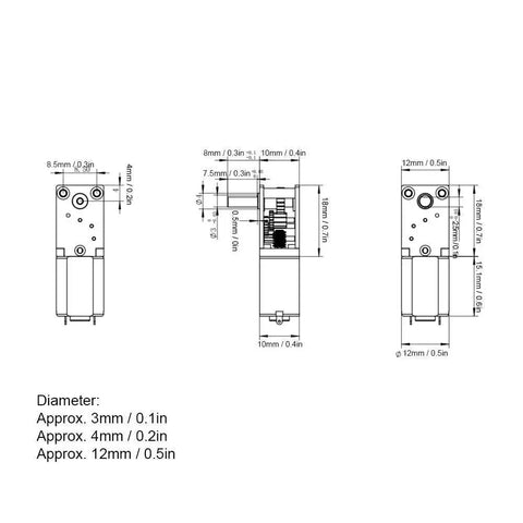 Technical diagram of Mini Gear Motor 6V 35 RPM High Torque Brush DC Gear Motor with dimensions and measurements for DIY projects.