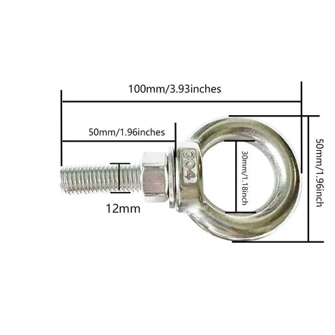 Heavy Duty Built To Last 304 Stainless Steel Shoulder Eye Bolts With Lifting Ring Set Of 2 M12 Eye Bolts 50mm Thread Length Includes Nuts And Flat Washers Multi Function For Indoor And Outdoor Use; detailed dimensions shown