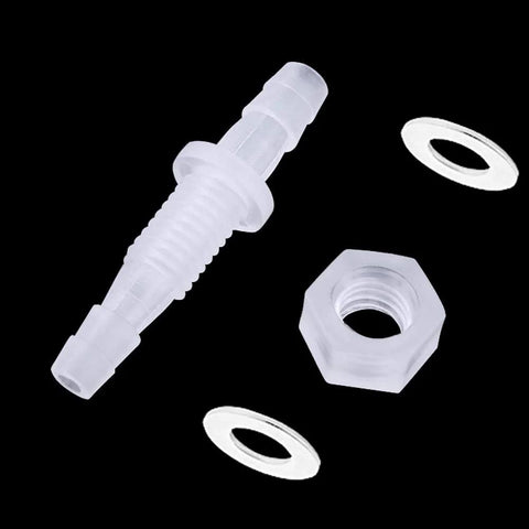 Plastic 1/4 in hose barb bulkhead fitting with hex nut and washers, white
