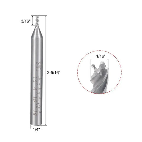Durable Heavy Duty One Sixteenth Inch HSS AL Spiral Drill Bit Four Flute End Mill Cutter With One Quarter Inch Shank For CNC Milling And Metalworking On Carbon Steel Aluminum Titanium Die Cast Iron By Uxcell, showing full length and close-up of flutes.