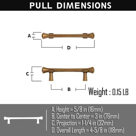 Antique Brass Cabinet Handles 3 Inch Center to Center Rustic Drawer Pulls dimensions and weight, shown in diagram.