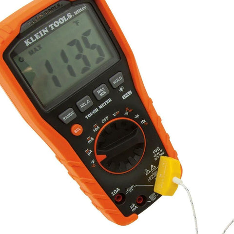 Klein Tools digital multimeter with orange housing and yellow replacement thermocouple accessory (2 items).