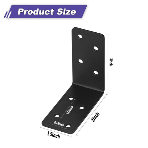 20 Pack Heavy Duty Steel L Brackets 3x3x1.5 Inch Black Powder Coated 90 Degree Right Angle Joist Shelf Brackets with size dimensions