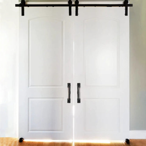 Nine and Three Quarters Inch Rustic Cast Iron Gate Handle for Sliding Barn Doors Vintage Metal Gate Pull Long Cabinet and Fence Handles Heavy Duty Black Finish Easy Install Ideal for Garage Outdoor Closet Interior Weatherproof and Durable 2 Pack installed on white sliding barn doors