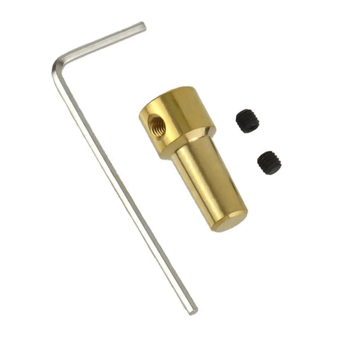 Brass JTO base collet sleeve adapter with side threaded hole, two grub screws, and L-shaped hex key (front view)
