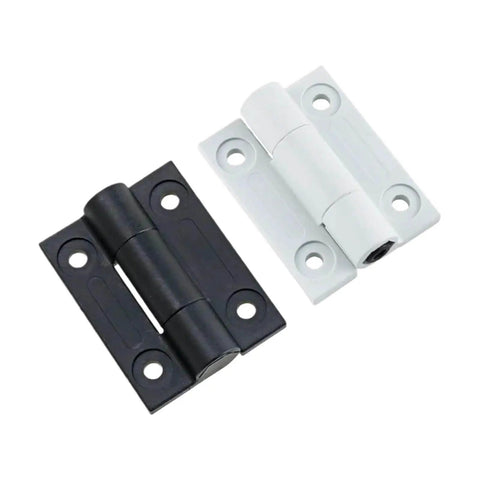 Flat Opening Torque Hinge Plastic Gate Hinge With Adjustable Torque one piece hinge in black and white, ideal for gates and fences.