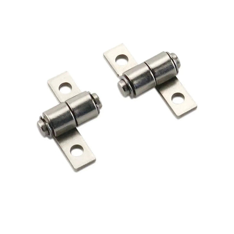 Pair of small metal 360-degree torque hinges with mounting plates and screw holes (angled view)
