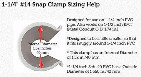 Cross-section of a clamp with 1.52-inch internal diameter and sizing details, suitable for 1-1/4 inch PVC and 1-1/2 inch EMT.