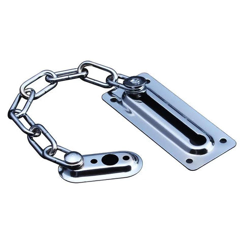Four Piece Door Chain Lock Set With Six Screws Premium Stainless Steel Chain Locks For Inside Doors High Security Anti Theft Chain Lock System Allowing The Door To Open Slightly To Check Outside Durable Stainless Construction, close-up view of stainless steel chain lock.