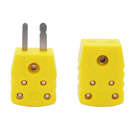 Two yellow K-type thermocouple plug adapters, male and female connectors, 2-pack