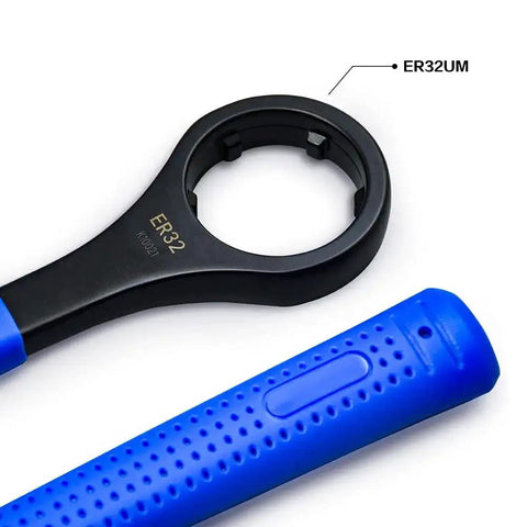 Close-up of ER32 Nut Wrench For CNC Collet Chuck ER Nut Spanner showcasing open end, blue handle, and annular groove design.