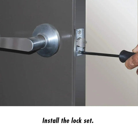 Installing lock with Bi-Metal Lock Installation Kit With Adjustable Guide Template For Steel And Wood Doors, screwdriver in use