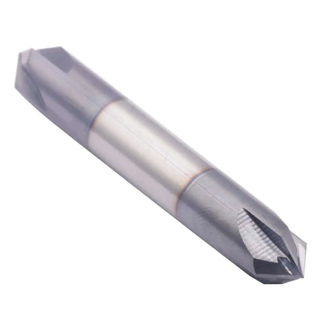 Rugged Solid Carbide End Mill For Chamfering With AlTiN Coating, Double End, Four Flute, Ninety Degree Chamfer, Three Eighths Inch Cutting Diameter