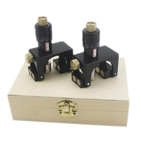 Magnetic Two Piece Planer Setting Gauge And Cutter Calibrator, A Pro Level Jig That Fits All Planers, Jointers, And Combo Planer Thicknessers; Works With Cutterheads From Two And Nine Sixteenths Inch To Five And One Eighth Inch, Easy Leveling shown on wooden box