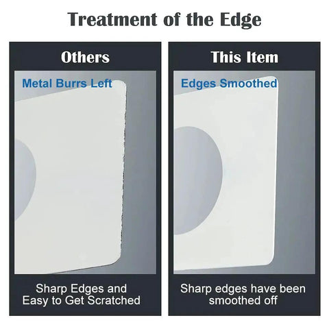 Comparison of edges on door reinforcement plates showing smooth vs sharp finishes on white plates