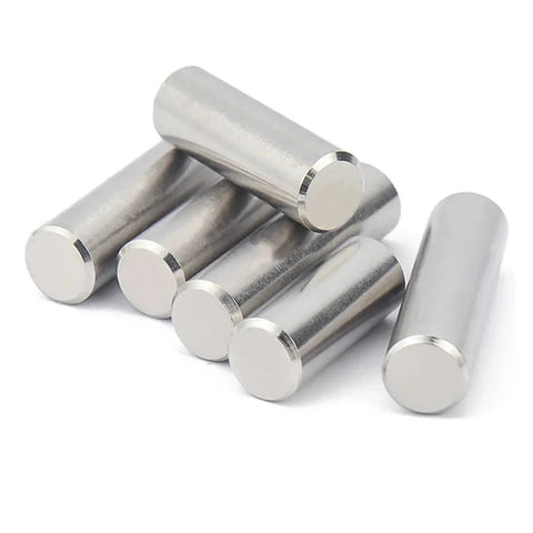 Go To Stainless Steel Dowel Pins, Solid Cylindrical With Smooth Finish And Chamfered Ends For Easy Insertion, Wear Resistant And Durable, 18mm Length, Diameters From M1.5 To M12, Pack Of 5 High Quality Pins shown in a pile.