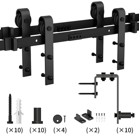 12 Foot Low Ceiling Heavy Duty Beefed Up Sliding Barn Door Hardware Kit With Double Track Bypass For Two Doors Black J Shape Bypass
