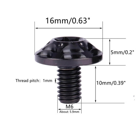 Titanium M6x10mm Torx T40 Bolt shown with dimensions, black finish, Grade 5 alloy, flower disc style for bikes, motorcycles, and cars.