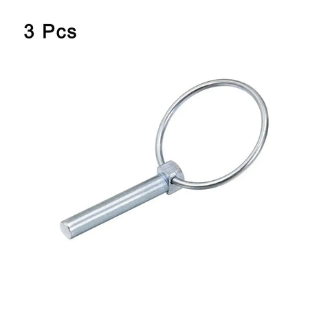 Three Pack Linch Pin With Ring Set 1/2 Inch By 2-3/4 Inch Carbon Steel Trailer Pins for outdoor use, close-up view.