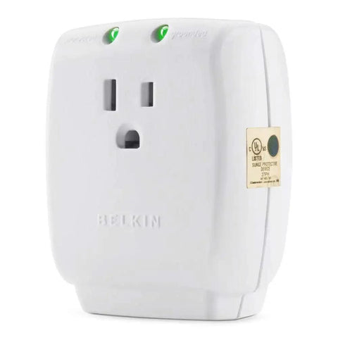 Compact Single Outlet Surge Protector Wall Tap with Grounded Outlet and Protected Light Indicators, 885 Joules, front view