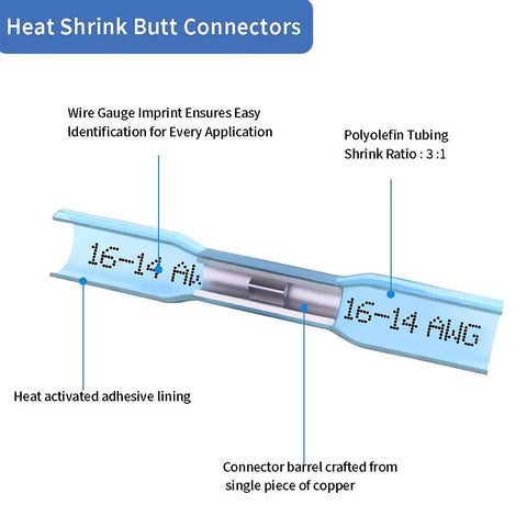 Heat shrink butt connector for 16-14 AWG wires; blue waterproof crimp splice with copper barrel