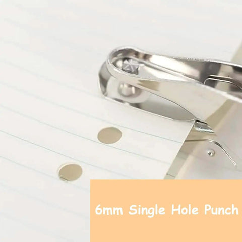 Handheld 6mm Circle Hole Punch Single Hole Puncher Metal Craft Punch Tool in use on paper, showing 6mm hole and non-slip grip