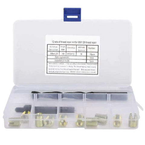 12 Piece M8 X 1.25 Thread Repair Kit With Self Tapping Inserts For Automobiles Rail Cars Home Appliances And Machinery DIY Friendly Durable Easy To Use For Fixing Stripped Threads In Metal Plastic. Plastic case with compartments showing inserts and tools.