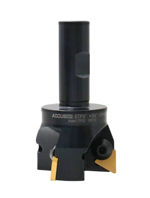 Indexable End Mill With TPG32 Carbide Inserts, Two Inch Cutting Diameter, Three Quarter Inch Straight Shank, Positive Rake Ninety Degree Right Hand Cut, Inserts Installed, Accusize Industrial Tools