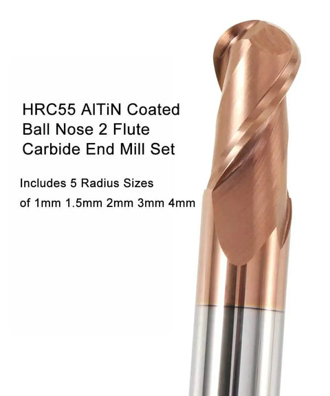 Close-up of HRC55 AlTiN Coated Ball Nose Carbide End Mills, 2 Flute, 1 to 4mm radii, set of 5 for CNC Router Bits by ASNOMY.