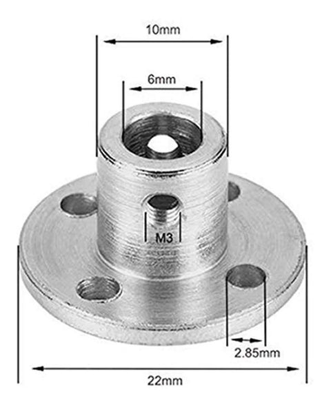Flange coupling connector for 6mm shaft; aluminum body with base flange and mounting holes.