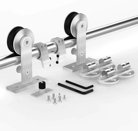 Components of 6 Foot Top Mount Stainless Steel Sliding Barn Door Hardware Track Kit For 30 To 36 Inch Single Doors Heavy Duty Anti Rust And Quiet Smooth Sliding Easy Install.