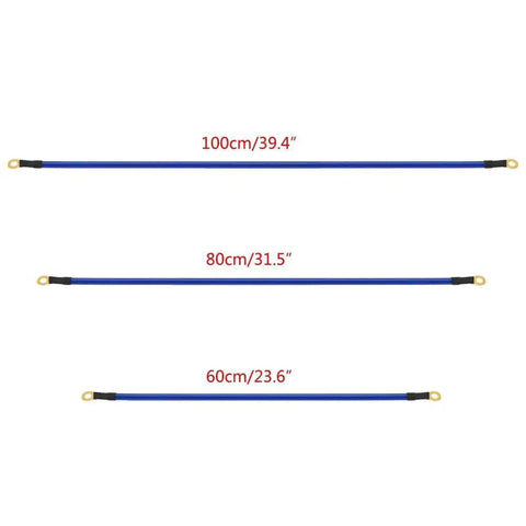 Universal Car Grounding Kit With PVC Ground Wires Set Includes 2 100cm Cables, 2 80cm Cables, And 1 60cm Cable displayed in sizes.