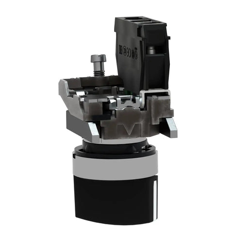 XB4BD21 2 Position Selector Switch with metal bezel, rugged black module, 22mm panel mount, for industrial machinery, side view