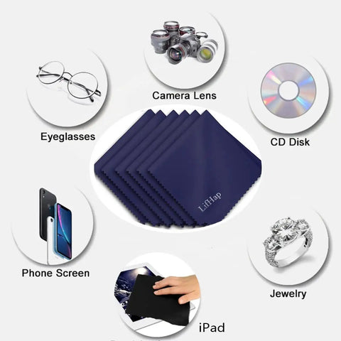 Extra Large Microfiber Cleaning Cloths 12x12 For Glasses Screens Cameras 6 Pack displayed with multiple uses
